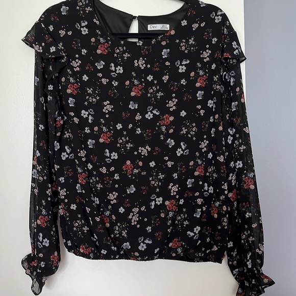 DEX | Ruffle Black Floral Blouse Sz M - Picture 2 of 8